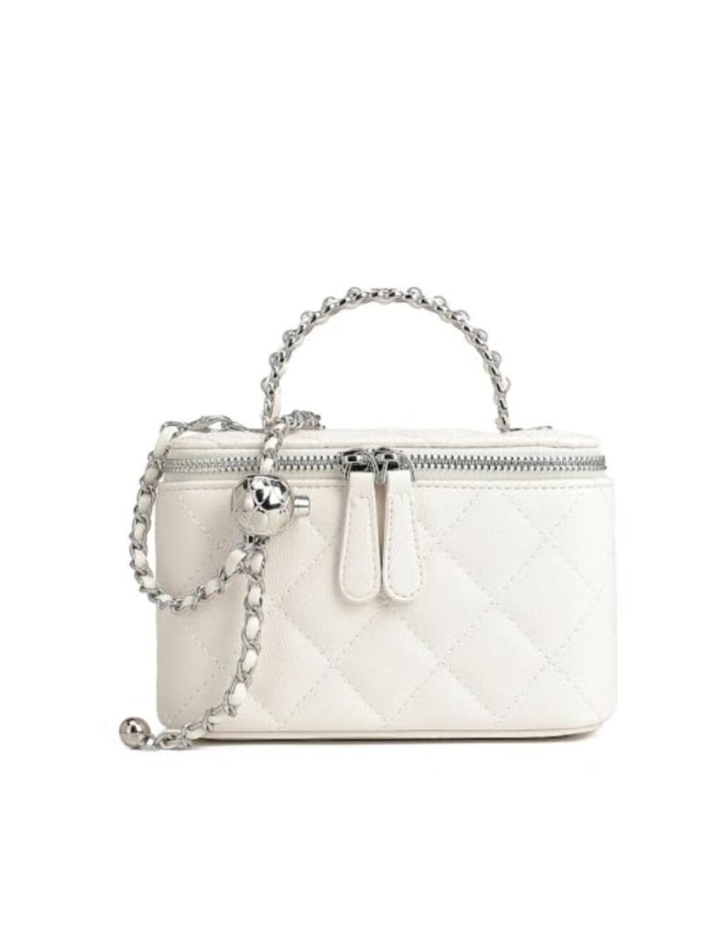 Quilted Faux Leather Mini Box Crossbody Bag with Pearl Chain Top Handle